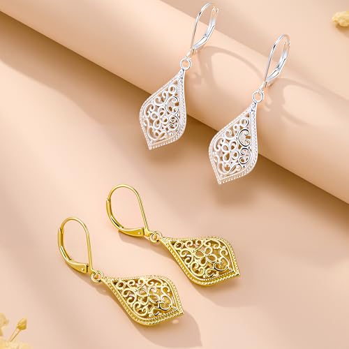 Dangle Earrings for Women, 14K Gold Plated Filigree Dangling Leverback Earrings, Silver Geometric Hypoallergenic Lightweight Dangly Drop Earings for Women Trendy Jewelry Gifts - color: C-Silver