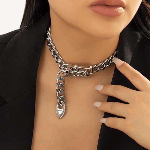 Chunky Chain Necklaces Women Statement Collar Necklace Gold Flat Snake Chain Choker Ribbed Design for Party, Dress Jewelry Gifts - color: B5:Silver Necklace
