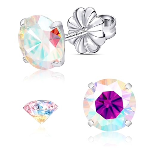 Moissanite Stud Earrings, G23 Hypoallergenic Titanium Stud Earrings for Women Men, Round Cut D Color VVS1 Clarity 18K White Gold Palted Multicolor Moissanite Jewelry, 0.6CT-3.0CT - color: Aurora Borealis, size: (1.5ct*2)-7.5mm-3.0 Carat