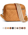 Vantamo Premium Quilted Crossbody Bags for Women with Anti-Pickpocket Clip, Vegan Leather Handbags, Travel Purses for Women - color: Tan With Jacquard Strap