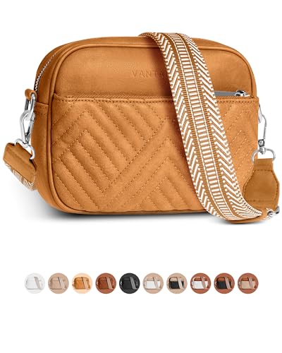 Vantamo Premium Quilted Crossbody Bags for Women with Anti-Pickpocket Clip, Vegan Leather Handbags, Travel Purses for Women - color: Tan With Jacquard Strap