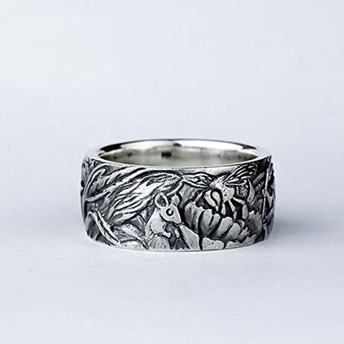 Retro Vintage S925 Sterling Silver Band Ring, Engraved Forest Flower Leaf Cat and Mouse Design, Realistic Relief, for Women and Men