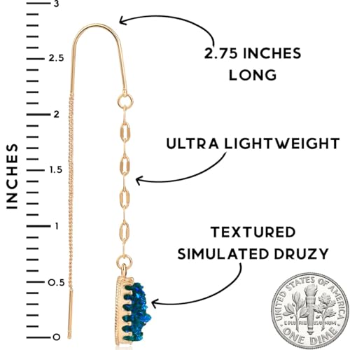 Simulated Druzy Threader Earrings for Women - Gold, Silver, or Rose Gold Tone Long Chain Earrings with Boho Created Geode Stone - color: Gold - Blue Green Stone