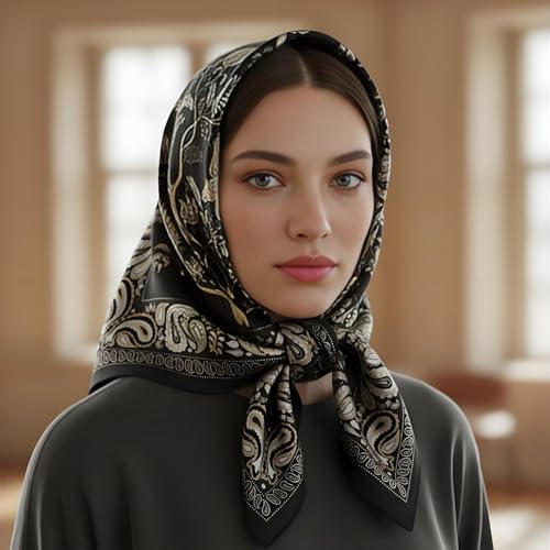 Premium Floral Scarf for Women 35x35 Square Silk Feel-Lightweight Scarves Headscarf Bandanas Wrapping Handbag - color: Black Golden
