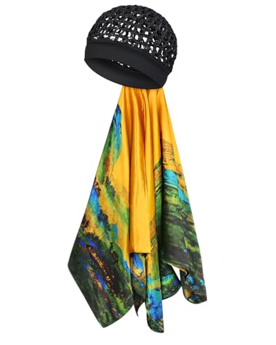 Satin Silk Press Scarf - 2 in 1 Wrap Cap with Built-In Hair Net Scarf, Soft Headband Hair Net Warp Cap for Women, Shower cap - color: Endless Landscape