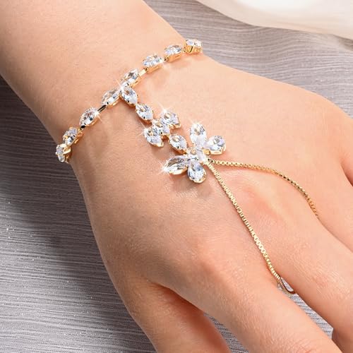 Adjustable Hand Chain Bracelet Women, 16K Gold Plated Finger Bracelet, Secure Ball Clasp Elegant Slave Hand Jewelry, Y2K Aesthetic Accessories for Summer Festival Prom Beach Vacation Daily Wear - color: style8-16K gold-plated