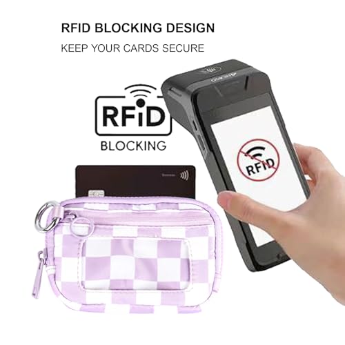 Wristlet Wallet for Women Mini Zip Card Case with Clear ID Window Zipper Coin Purse Lightweight Portable Keychain Wallet - color: Purple Lattice