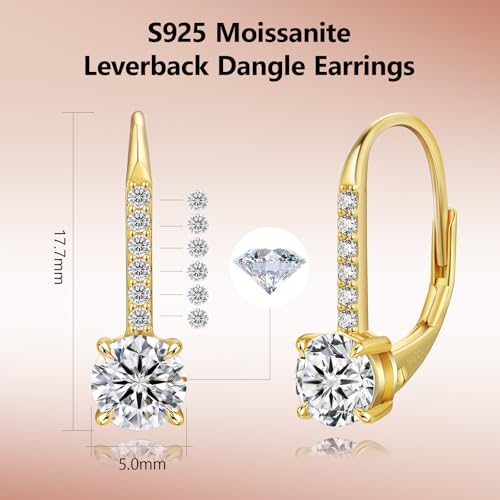 KRKC Moissanite Earrings, 1.0ct-2.0ct D Color Lab Created Diamond Earring, 14k White Gold Plated Sterling Silver Dangle Earrings S925 Leverback Drop Earring for Women Hypoallergenic Jewelry for Gifts - color: Round-Gold-5mm-Gift for Mom