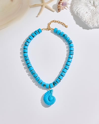 Chunky Beaded Necklace for Women with Conch Shell Pendant, Boho Bead Statement Necklace with Adjustable Gold Chain, Beach Jewelry for Summer＆Vacation Gifts - color: Blue