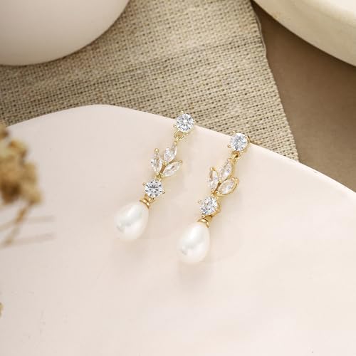 Pearl Earrings for Women Dainty Diamond Pearl Drop Earrings 14k Gold Plated Dangle Earrings for Women Weddings Gifts Bridesmaid Gifts - color: A-gold pearl earrings