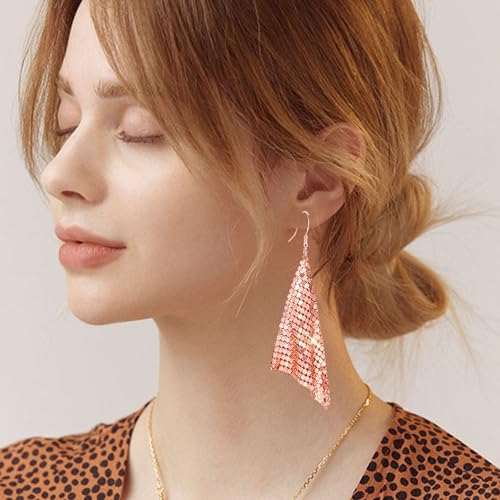Sequin Earrings for Women Metal Mesh Grid Sequins Tassel Long Drop Dangle Earrings Trendy Charms Bridal Wedding Jewelry - color: Rose God