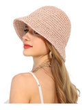 Womens Sun Hat Handmade Straw Bucket UV Protection Travel Summer Beach Cap - color: Pale Dogwood