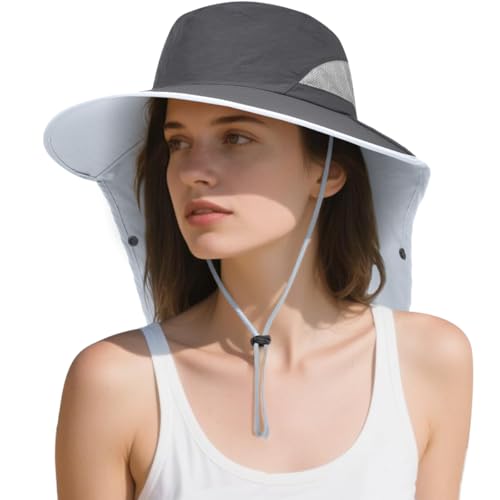 Womens Sun Hat Wide Brim UPF50+ Outdoor Sun Protection Ladies Fishing Hat with Neck Flap Detachable Face Cover - color: Dark Grey
