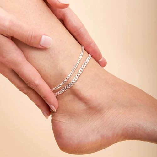 ChicSilver 925 Sterling Silver Ankle Bracelet for Women, Simple Cuban Link/Figaro/Twist Rope Chain Anklets for Beach Party(with Gift Box) - style: 06: Cuban Chain-2.8mm wide