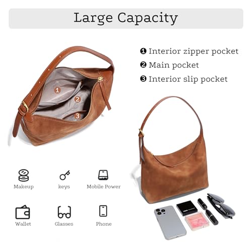 Suede Hobo Bag For Women,Vintage Shoulder Crossbody Purse,Fause Suede Handbag 2 Adjustable Straps,Lightweight Soft - color: Brown