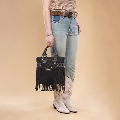 Trinity Ranch Crossbody Bags for Women Tooled Fringe Top Handle Handbags Vintage Western Purse - color: Black