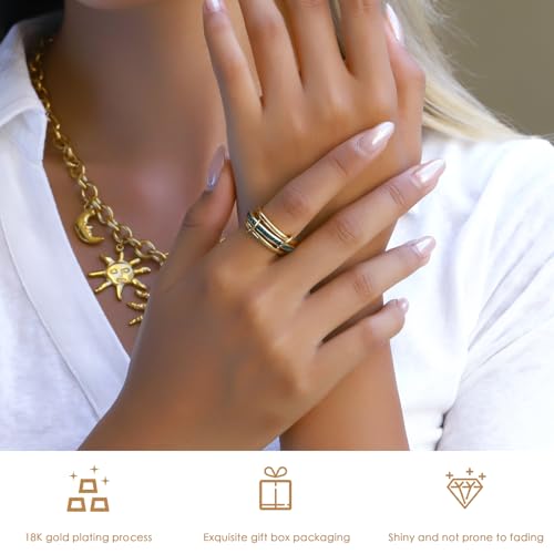 Gold Stackable Rings for Women,18K Gold Plated with Green Cubic Zirconia,Vintage Gold Stacked Multi Ring Interlocking Mixed Stacked Rings for Women Non Tarnish - color: Gold Green 3 Set