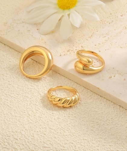 ZOERAY Chunky Gold Rings for Women Non Tarnish Trendy 14k Gold Plated Adjustable Signet Band Stackable Thumb Ring Set Open Twist Dome Statement Stacking Rings Jewelry Gifts for Women Size 5-10 - color: B.Croissant Chunky Rings