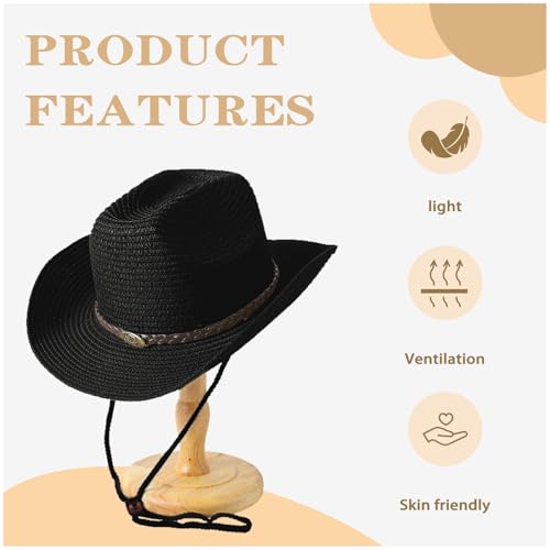 Straw Cowboy Hats Western Cowgirl Hat for Holiday Woven Beach Sun Hat with Shapeable Wide Brim Cowboy Hat for Women/Men - color: Black