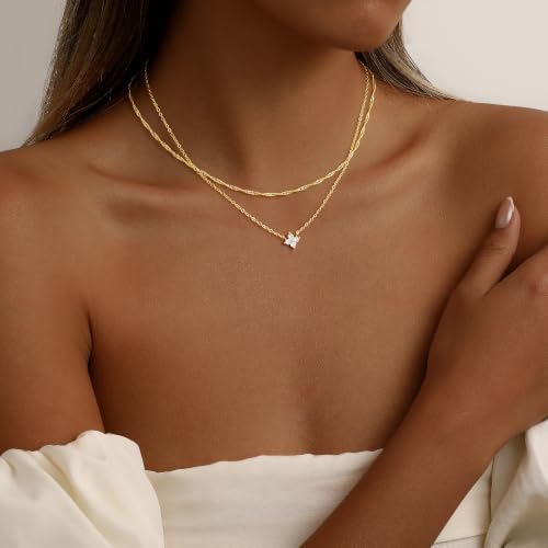 CAROVO Gold Necklace for Women Dainty 14K Gold Plated Choker Cross Flower Cubic Zirconia Necklaces Simple Layered Gold Chain Trendy Jewelry Gifts for Women - style: B:Layered Flowet CZ Necklace