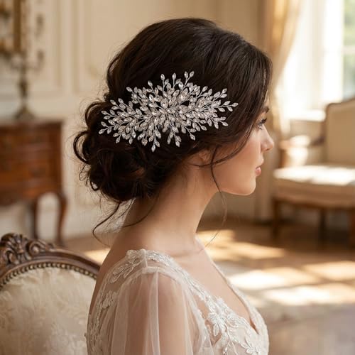 Rhinestone Leaf Wedding Hair Comb, Sparkly Bridal Hair Piece Accessories for Bride Bridesmaid Party Prom (Silver) - color: Silver