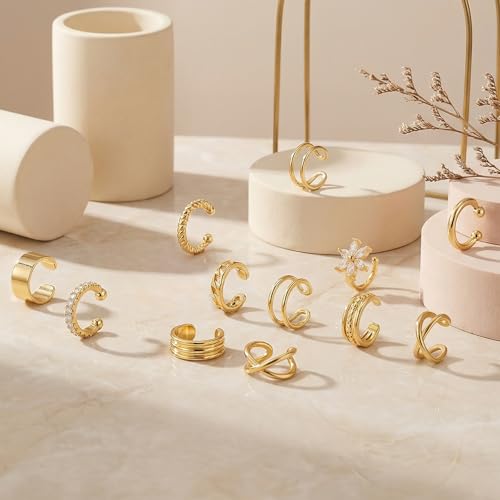 Ear Cuffs Non Piercing 14K Gold Plated Ear Cuff Earrings for Women Trendy Clip on Cartilage Earring Stacks Non Pierced Adjustable Fake Earrings Set Jewelry - color: A4:Gold Ear Cuffs-12Pcs
