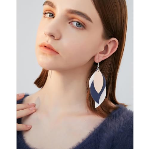 ANXIN boho unique Leather Earrings 2 Layered Lightweight Faux Leather Leaf Earrings Layered Design Drop Earrings Gift for Women - color: Style C