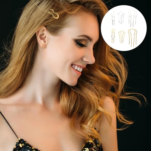FOMIYES 6Pcs U-Shaped Iron Art Hair Pins with Wave Design Retro Chignon Hair Forks for Women and Large and Medium Four-Prong Plus Small Double-Prong Set Suitable for Styling Random Color