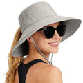Rosoz Women Sun Hat with Ponytail Hole Wide Brim Bucket Hats UPF 50+ Beach Hiking Gardening Hat Water-Resistant Outdoot Hat - color: Light Grey