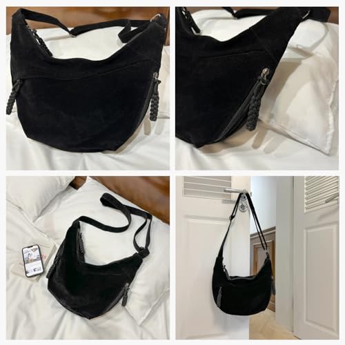 Women's Crescent Crossbody Bag – Large Capacity Suede Sling Bag, Travel Shoulder Bag for Women, Tote Purse - color: Black