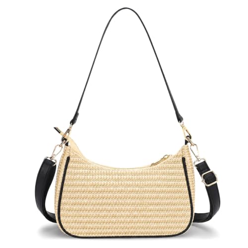 Straw Shoulder Bag for Women – Summer Woven Colorful Stripe Purse - color: Natural Straw