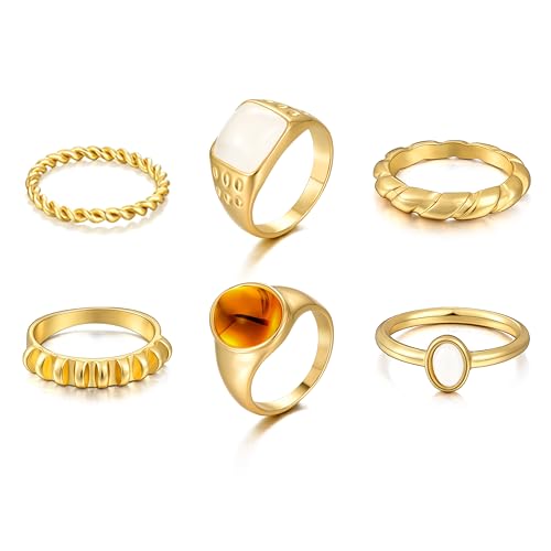 FAXHION 24-60 Pcs Gold Stackable Rings for Women, Knuckle Rings Chunky Gold Ring Set Dainty Stacking Cute Rings, Multiple Sizes Cute Jewelry Set Gift - style: Maillard -6 pcs