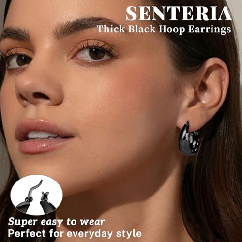 Senteria 12mm Wide Thick Hoop Earrings 925 Sterling Silver Hoop Earrings for Women Hypoallergenic 14K Real Gold Plated Hoops Large Earring Lightweight Chunky Hoops Earring for Women 25/30/40/50MM - color: Black-25mm