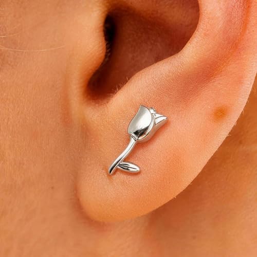 Silver Ear Cuff Earrings for Women, Tulip Non Pierced Fishhook Earrings, Clip On Earrings, Small Dainty Wrap Cartilage Earrings, Floral Ear Cuffs Jewelry for Gift