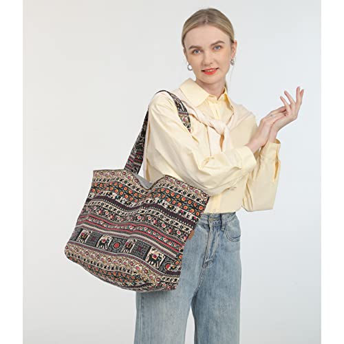 OPQRSTU Women Hippie Tote Hand Bag Large Capacity Bohemian Bag Portable Tourist Shoulder Bags - color: Brown