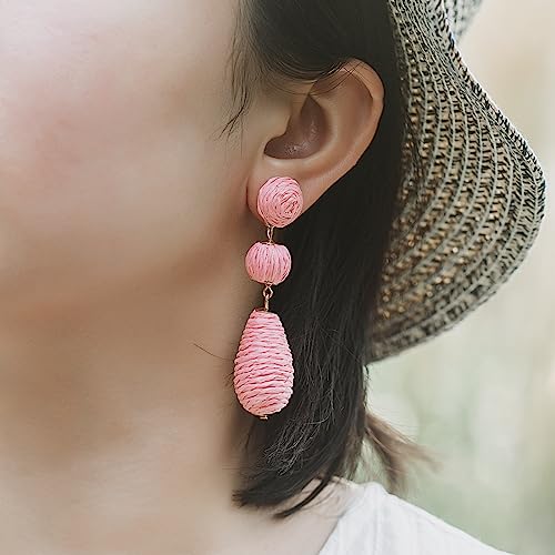 Boho Raffia Earrings Statement Dangle Earrings Cute Teardrop Ball Earrings Colorful Summer Jewelry Handmade Rattan Earrings for Women - color: Coral