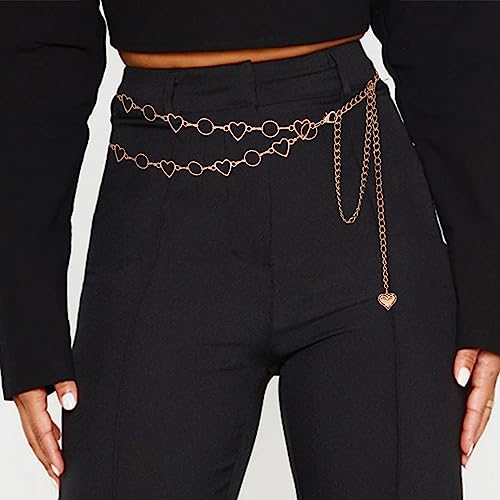 Long Tassel Waist Chain Belt for Women, Adjustable Metal Body Belly Belt Chain for Dress - color: Gold Double Heart, size: S: (Fit Waist 35.4in)