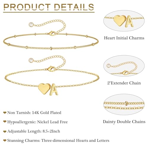 M MOOHAM Gold Initial Ankle Bracelets for Women - Layered Heart Letter A-Z Initial Dainty Gold Anklets for Women Waterproof, Womens Anklets Jewelry Birthday Gifts Jewelry - color: D