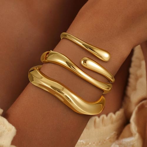 Gold Bracelets for Women Trendy, 18K Gold Plated Bangle Bracelet Set Chunky Twist Cuff Gold Bracelet Non Tarnish Waterproof Jewelry Gifts for Women - color: Gold-3PCS