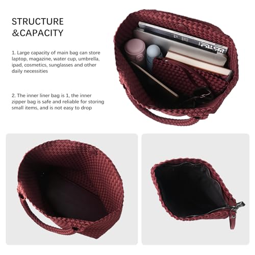 Woven Bag for Women, Large Neoprene Tote Bag Summer Beach Handbag Purse Retro Handmade Travel Shoulder Bag Set - color: Claret