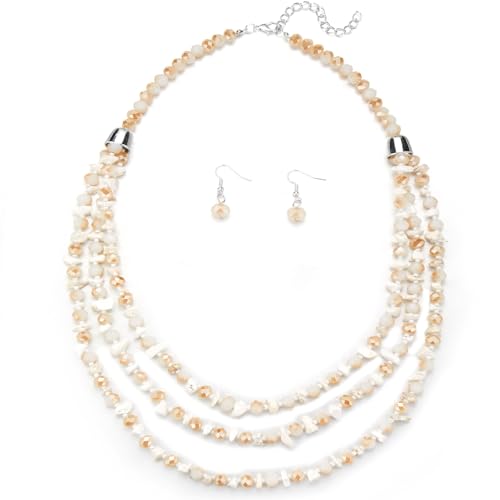 Errally Layered Beaded Statement Necklace Multi Strand Crystal Beads Collar Necklace and Earring Sets for Women Fashion Costume Jewelry Set Gifts for Her - color: 15-Beige