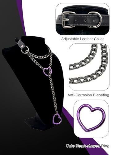 Black Leather Choker Collar For Women, Handmade Heart Slip Chain Choker Long Necklace with Adjustable Buckle - color: B-Black-Black-Purple, size: 18''chain