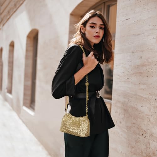 Joryin Woven Women's Crossbody Bag & Evening Purse, Trendy Dumpling Clutch & Hobo Cloud Shoulder Bag Trendy Dumpling Clutch - color: Woven Leather-champagne Gold