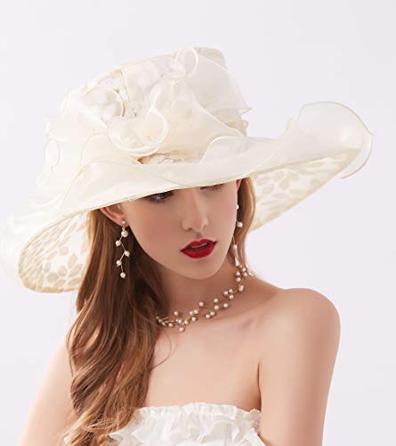 ORIDOOR Women’s Organza Church Tea Party Wedding Fascinator Derby Hat Wide Brim Sun Hats - color: A-beige