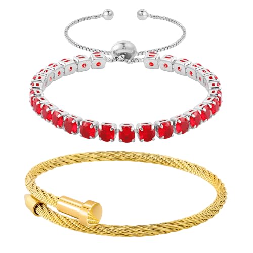 2PCS 18K Gold Plated Nail Bangle & Chain Bracelet Set for Women, Adjustable Stackable Bangle Jewelry, Dainty Gold Bracelet Gift for Women - color: Tennis-set D