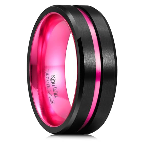 King Will Mens Tungsten Rings for Men Two Tone Grooved Mens Wedding Band Cool - color: Pink