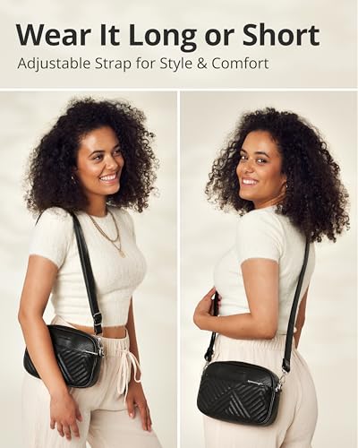 Vantamo Premium Quilted Crossbody Bags for Women with Anti-Pickpocket Clip, Vegan Leather Handbags, Travel Purses for Women - color: Black With Faux Leather Strap