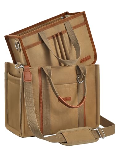 FIORETTO Women’s Canvas Tote Bag Purse with Zipper, Multi Compartment & Reinforced Bottom, Ideal for Work, Bible, Travel - color: Brown, size: Medium, style: Detachable Organizer