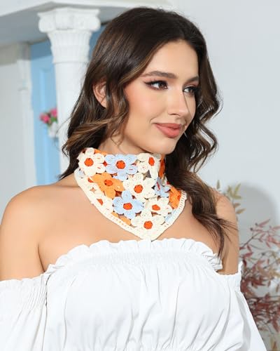 AWAYTR Crochet Head Scarf Hair Bandanas Women Knit Bandana Headband Scarf Tie-Back Head Coverings Floral Headscarf - color: Orange + Blue + Yellow