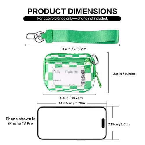 Wristlet Wallet for Women Mini Zip Card Case with Clear ID Window Zipper Coin Purse Lightweight Portable Keychain Wallet - color: Green Lattice